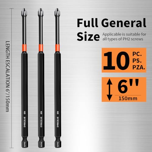 10-Pack Phillips Bits #2 Impact, 6-Inch Long Magnetic Phillips Head Drill & Screwdriver Bits, PH2 Premium S2 Steel 1/4" Hex Shank for Impact Drivers, Professional & DIY Use - color: 6'' Ph2 10-pcs