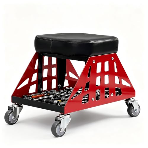 Rolling Shop Stool with Wheel for Garage Mechanic | Heavy Duty Rolling Shop Seat [400 LBS Capacity] Work Stool with Storage for Automotive Auto Repair/Detailing Stool/Salon - color: Red