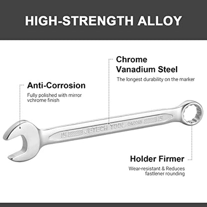 Jetech 15mm Combination Wrench, Metric 12-Point Chrome Vanadium Steel Spanner, Industrial Grade with 15-Degree Offset, Sand Blasted Finish, Heat-Treated Forged Tool - size: 15mm