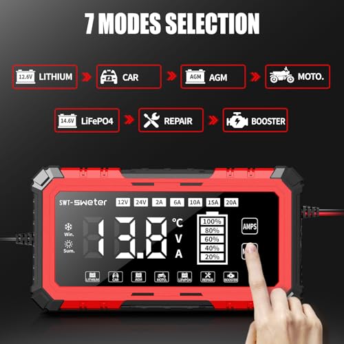 20A Smart Car Battery Charger & 12V/24V Maintainer with 200s Booster -Adjustable Amp Trickle Charger for Lead-Acid, AGM, Gel, LiFePO4 Compatible with 12.6V Lithium-Ion (NMC)