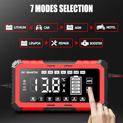 20A Smart Car Battery Charger & 12V/24V Maintainer with 200s Booster -Adjustable Amp Trickle Charger for Lead-Acid, AGM, Gel, LiFePO4 Compatible with 12.6V Lithium-Ion (NMC)