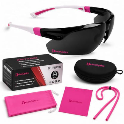 Safety Glasses – ANSI Z87 Certified, 5X Anti-Fog ClearShield™ Lenses with Premium Hard Case & Accessory Bundle - color: Pink & White / Tinted