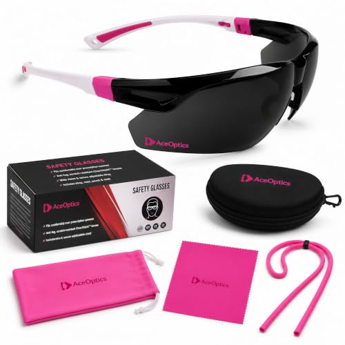 Safety Glasses – ANSI Z87 Certified, 5X Anti-Fog ClearShield™ Lenses with Premium Hard Case & Accessory Bundle - color: Pink & White / Tinted