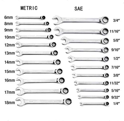 22-Piece Ratcheting Wrench Set，Metric & SAE Chrome Vanadium Steel Hand Combination Wrench Spanner with Portable Carrying Bag (Ratchet Wrench) - style: Ratchet Wrench