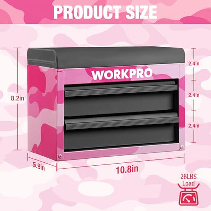 WORKPRO Metal Mini Tool Box with 2 Drawers and Top Storage | Cold Rolled Steel Toolbox, Ball Bearing Slides, PVC Drawer Liners, PP Feet Pads, Durable Storage - color: Pink Camo
