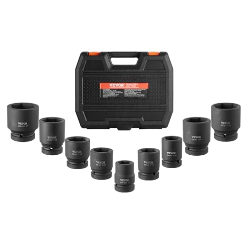 VEVOR Axle Nut Impact Socket Set - 1" Drive 6-Point 9-Piece SAE Spindle Nut Socket CR-MO Heat Treated Large Socket Set with Storage Case for Auto Repair, Removing or Installing Axle Nuts - style: 1" 9PCS CR-MO