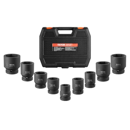 VEVOR Axle Nut Impact Socket Set - 1" Drive 6-Point 9-Piece SAE Spindle Nut Socket CR-MO Heat Treated Large Socket Set with Storage Case for Auto Repair, Removing or Installing Axle Nuts - style: 1" 9PCS CR-MO