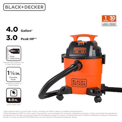 BLACK+DECKER Shop Vacuum Wet and Dry, 4 Gallon 3-in-1 Portable Shop Vac with Accessories, Workshop, Garage, Home and Car Vacuum Cleaner, 3 HP(BDXV18301P-4A) - size: 4 Gallon