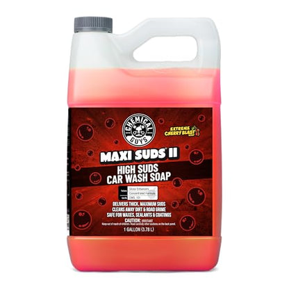 Chemical Guys CWS_101 Maxi-Suds II Foaming Car Wash Soap (Works with Foam Cannons/Guns or Bucket Washes) Safe for Cars, Trucks, Motorcycles, RVs & More, 128 fl oz (1 Gallon), Cherry Scent - size: 128 Fl Oz (Pack of 1), style: Cherry