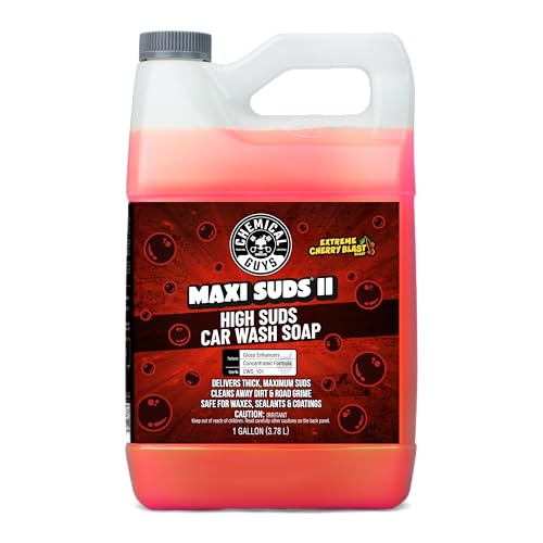 Chemical Guys CWS_101 Maxi-Suds II Foaming Car Wash Soap (Works with Foam Cannons/Guns or Bucket Washes) Safe for Cars, Trucks, Motorcycles, RVs & More, 128 fl oz (1 Gallon), Cherry Scent - size: 128 Fl Oz (Pack of 1), style: Cherry