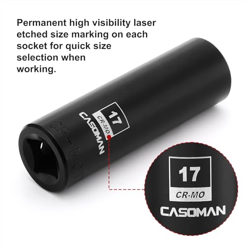 CASOMAN 1/2-Inch Drive x 17mm Deep Impact Socket, 2PCS Set, 6-Point, Metric, CR-MO - size: 17 mm (Deep, Pack of 2), style: 6-Point Socket