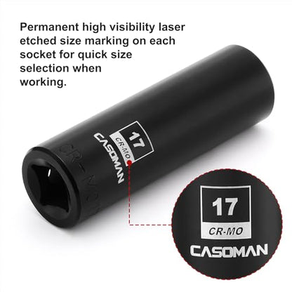 CASOMAN 1/2-Inch Drive x 17mm Deep Impact Socket, 2PCS Set, 6-Point, Metric, CR-MO - size: 17 mm (Deep, Pack of 2), style: 6-Point Socket