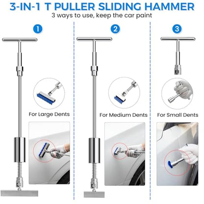polisak 134Pcs Car Dent Puller Kit, Paintless Dent Removal Tool Kit with 3 in 1 T-bar Slide Hammer & Bridge Puller & Golden Lifter, Dent Repair Kit for Car Hail Damage Large Small Dent Fast Removal