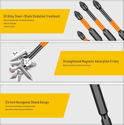 10Pcs Impact Pozidriv Screwdriver Bits PZ1/PZ2/PZ3, 2 Inch Length with 1/4 Inch Hex Shank, S2 Steel Magnetic Impact Screwdriver Bits Set