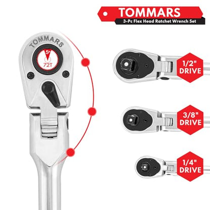 TOMMARS Flex Head Ratchet Set, 1/4", 3/8", 1/2" Drive Socket Wrench Kit | Mechanic Hand Tool Kit, Flexible, 72 Tooth 5-degree swing arc, Quick Release, Reversible - size: 1/4", 3/8", 1/2" Drive, style: Flex Head Standard Ratchet Set