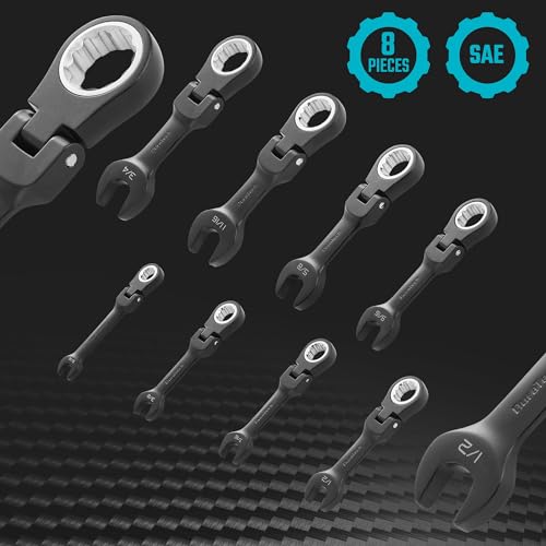 DURATECH Stubby Flex-head Ratcheting Combination Wrench Set, SAE, 8-piece, 5/16" to 3/4", CR-V Steel, Black Electrophoretic Coating, with Rolling Pouch - size: SAE