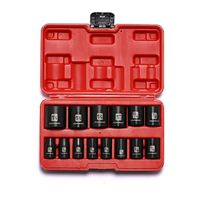 MIXPOWER 14 Pieces 1/2-Inch Drive Shallow Impact Socket Set, 3/8-Inch to 1-1/4 Inch, CR-V, SAE, 6 Point, Shallow, 14 Pieces 1/2" Dr. Shallow Socket - size: 9.5 mm - 31.8 mm (Shallow, 14PCS)
