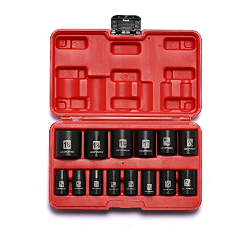 MIXPOWER 14 Pieces 1/2-Inch Drive Shallow Impact Socket Set, 3/8-Inch to 1-1/4 Inch, CR-V, SAE, 6 Point, Shallow, 14 Pieces 1/2" Dr. Shallow Socket - size: 9.5 mm - 31.8 mm (Shallow, 14PCS)