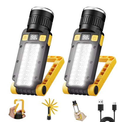 Rechargeable LED Magnetic Work Light, Portable Work Lights, 7 Flashlight Modes with 360° Rotating Hook and Carabiner, USB Charging for Camping, Hunting, and Car Repairs(2 Packs) - size: 2 Pack Yellow