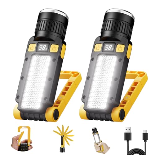 Rechargeable LED Magnetic Work Light, Portable Work Lights, 7 Flashlight Modes with 360° Rotating Hook and Carabiner, USB Charging for Camping, Hunting, and Car Repairs(2 Packs) - size: 2 Pack Yellow