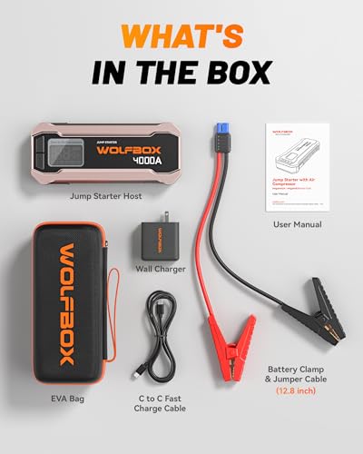 WOLFBOX 4000A Jump Starter,12V Car Battery Jumper Starter Portable with 65W Quick Charger,LED Display,88.8Wh Booster Jump Box Pack (10L Gas 10L Diesel Engine) with LED Light,Jumper Cables, Rose Gold