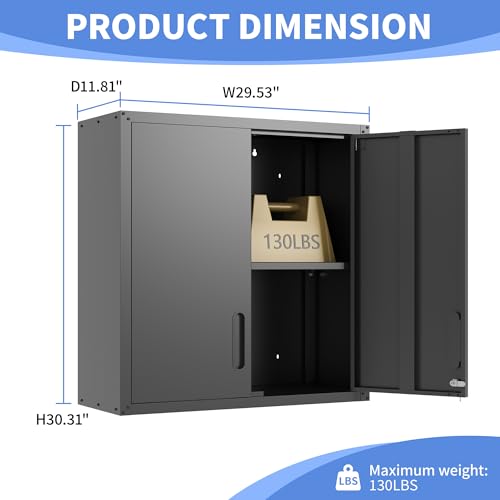 Metal Storage Cabinet for Garage, Tool Cabinet, Utility Cabinet | Wall Mounted, Hanging Tool Cabinet, Lockable, 2 Doors, Adjustable Shelves, Assembly Required, Black - color: Black
