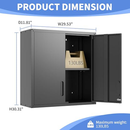 Metal Storage Cabinet for Garage, Tool Cabinet, Utility Cabinet | Wall Mounted, Hanging Tool Cabinet, Lockable, 2 Doors, Adjustable Shelves, Assembly Required, Black - color: Black