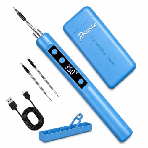 Cordless Soldering Iron Kit, USB Rechargeable Portable Soldering Iron with Digital Display, Fast Heating 180-450°C Adjustable Mini Soldering Pen for DIY Electronics PCB Repair (Blue) - color: Blue