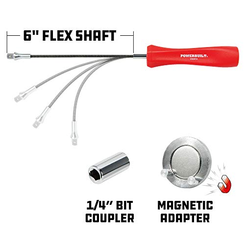 Powerbuilt Magnetic Oil Drain Plug Remover Tool, Flexible Shaft for Easy Reach, Hex Bit Magnet Adapter, Hold and Remove Plugs - Red 942072
