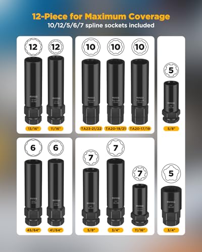 5/6/7/10/12 Spline Lug Nut Socket Set, 12 Pcs Locking Lug Nut Key | Cr-Mo Steel Universal Spline Lugnut Master Keys Kit, Wheel Lock Removal Tools for Aftermarket Car Maintenance and Auto Repair