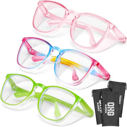 OXG 3 Pack Stylish Safety Glasses, ANSI Z87+ Anti Fog Safety Goggles Blue Light Blocking Protective Eyewear for Nurses - color: Rianbow+pink+apple Green