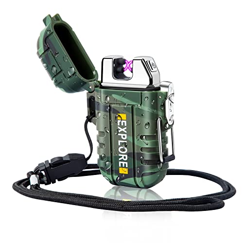 LcFun Electric Dual Arc Lighter USB Rechargeable Outdoor Windproof Flameless Plasma Lighters for Camping, Hiking, Waterproof Matches Survival Tactical Gear Fathers Day Dad Gifts Birthday Gifts for Men - color: Camouflage