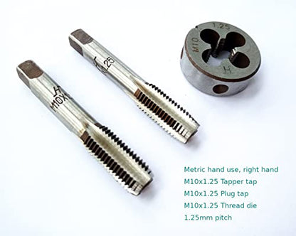 AtticZone M10 x 1.25 Metric Hand Thread Tap and Die Set, Right Hand 10 * 1.25, Alloy Tool Steel, 1 Taper Tap, 1 Plug Tap, 1 Round Die for Metal Working DIY Industrial - size: M10x1.25