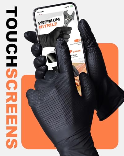 Heavy Duty Nitrile Gloves with Diamond Texture, 8 Mil Industrial Mechanic Gloves for Cleaning - color: Black, size: Large