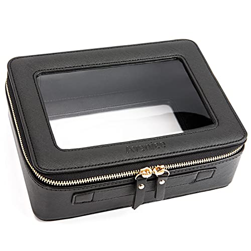 Aveniee Clear Makeup Bag Organizer, Portable Travel Toiletry Cosmetic Bag Case for Women, Heavy Duty Clear Pouch with zipper with Transparent Vinyl Windows & Gold Zippers(Black) - color: Black, style: Classic