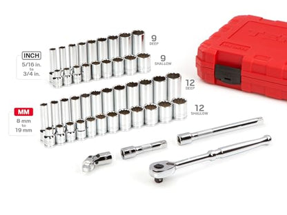 TEKTON 3/8 Inch Drive 12-Point Socket and Ratchet Set, 46-Piece | SKT15302 - size: 46-Piece (5/16-3/4 in., 8-19 mm)