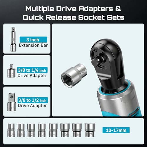 Seesii 3/8" Cordless Ratchet Wrench Set, 60 ft-lbs (80Nm) High Torque Electric Ratchet, 21V Max & 2×2.0Ah Batteries, 300 RPM, Fast Charger, LED Work Light,10–17mm Socket Set, Extension Bar & Case - size: 2 in