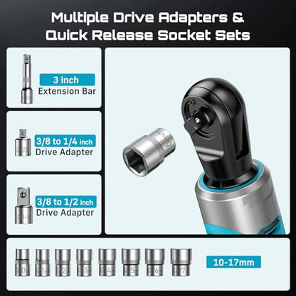Seesii 3/8" Cordless Ratchet Wrench Set, 60 ft-lbs (80Nm) High Torque Electric Ratchet, 21V Max & 2×2.0Ah Batteries, 300 RPM, Fast Charger, LED Work Light,10–17mm Socket Set, Extension Bar & Case - size: 2 in
