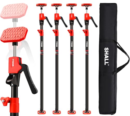 SHALL Cabinet Jack Support Pole, 54-114 in Steel Telescopic Quick Support System Rod, Adjustable 3rd Hand Tool with 154lbs Capacity for Lifting Drywall Cabinet Cargo Bars, 4 Pack w/Storage Bag - color: Red/Black, size: 54"-114" | 4PC
