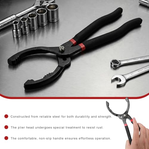 12" Adjustable Oil Filter Pliers, 3-Position Car Oil Filters Removal Specialty Tool w/ 15° Bent Angle Head Design, Auto Filter Wrench for 45-145mm Engine Filters Conduit Fittings