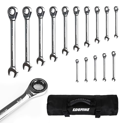 Egofine 15-piece SAE Ratcheting Wrench Set, SAE 1/4" to 1" Chrome Vanadium Steel, 12-Point, 72-Teeth Open End and Box End Combination Tool with a Roll Up Storage Bag - size: SAE-15 piece set