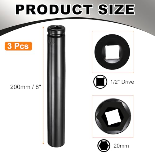 HARFINGTON 3pcs 6-Point Deep Impact Socket 1/2" Drive 20mm Metric Socket 8" (200mm) Extra Long Heat-Treated 45# Steel for Home Auto Spindle Axle Hex Nuts Bolts Repair, Black - size: 20mm + 8" Long