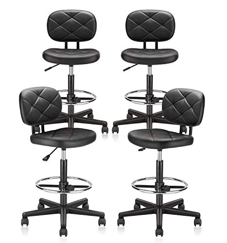 KLASIKA Tall Drafting Rolling Stool Chair with Low Back Support and Adjustable Foot Rest Ring Set of 4 PU Leather Vinly Wide Seat Swivel Standing Desk Chair for Office Home 4 Pack - color: Black With Back, size: 4PK