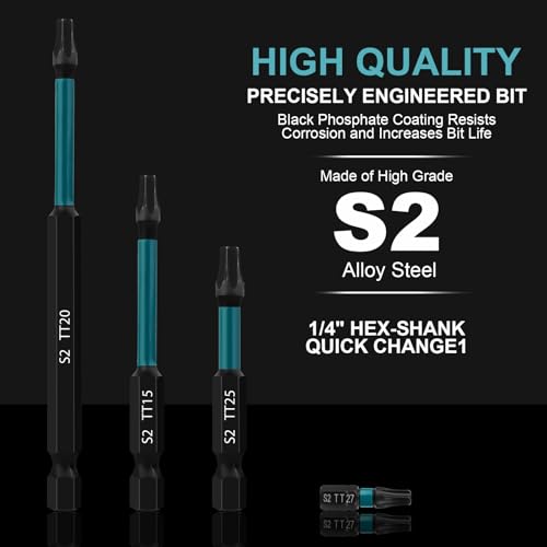10-Piece Impact Security Torx Bit Set, 100mm Long S2 Steel Star Driver Kit (T7-T40), Mixed Solid & Tamper-Proof Bits with 1/4" Hex Shank, Magnetic High-Torque Bits for Auto & Electronics - size: 10 Pieces