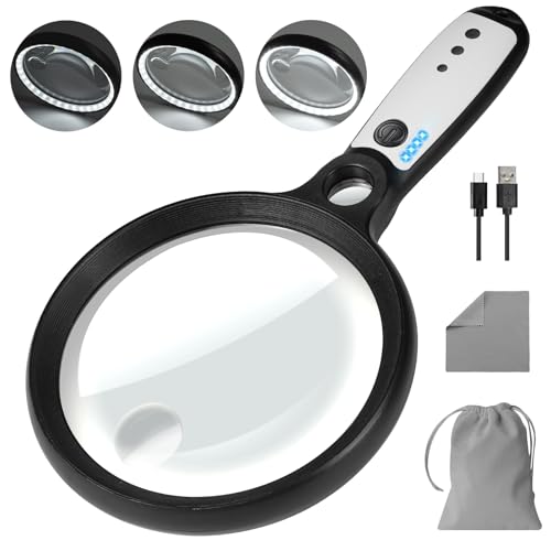 Large Magnifying Glass with 37 LED Light, 10X 20X 45X Handheld Illuminated Lighted Magnifier with 3 Light Modes Rechargeable Magnifying Glass for Seniors Reading, Inspection (Black & White) - color: Black & White, size: Magnifier with Light (No Case)