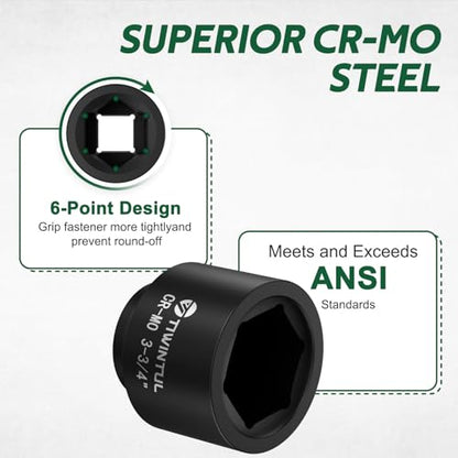 3-3/4" Impact Socket 1" Drive, Deep 6 Point CR-MO for Mining Truck | ANSI Certified, Heavy Duty Socket, Single Axle Nut Socket for Oilfield & Wind Turbine Flange Bolts, Railway & Port Equipment - size: 3-3/4"(1 PCS)