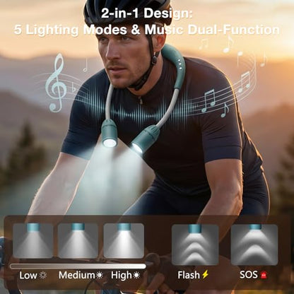 Neck Light with Bluetooth Speaker, 5 Modes, USB-C Rechargeable | Hands-free 2-in-1 neck light and Bluetooth speaker with adjustable 90° beams, 5 modes, USB-C charging, and 40+ hour runtime. - color: Cyan