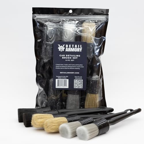Car Detailing Brush Set, (2) Boar's Hair, (2) Extra-Soft, (2) Nylon Brushes, for Interiors and Exteriors, Cleans Air Vents, Leather Seats, Trim, Wheels, Emblems, Engine Bay, 6-Piece Set