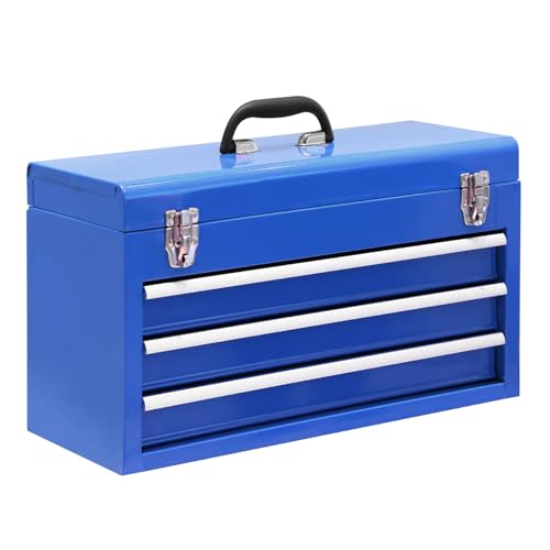 3 Drawer 20“ Metal Tool Box Portable Steel Tool Chest with Metal Latch Closure for Garage, Home and Workbench, Blue - size: 20Inch-BLUE
