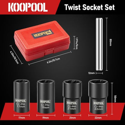 Twist Socket Set 5 Pcs Lug Nut Remover, Bolt Nut Extractor Set, Metric 17-22mm Wheel Lock Removal Kit with Drift Punch Nut Removal Bar - size: Medium